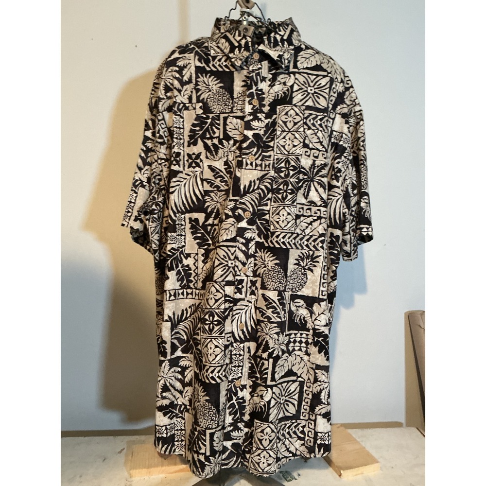 Saddlebred Mens XXL Tropical Pineapple Palm Print Cotton Button Down Shirt Black